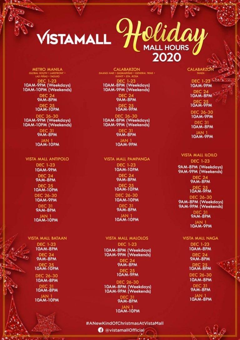 Holiday Mall Hours 2020:  Vista Mall, Starmall, Evia Lifestyle Center, NOMO – A Vista Lifestyle Center