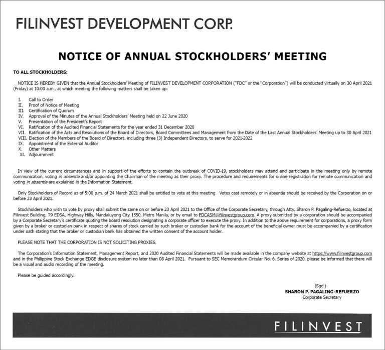 Filinvest Development Corporation announces schedule for virtual stockholders’ meeting