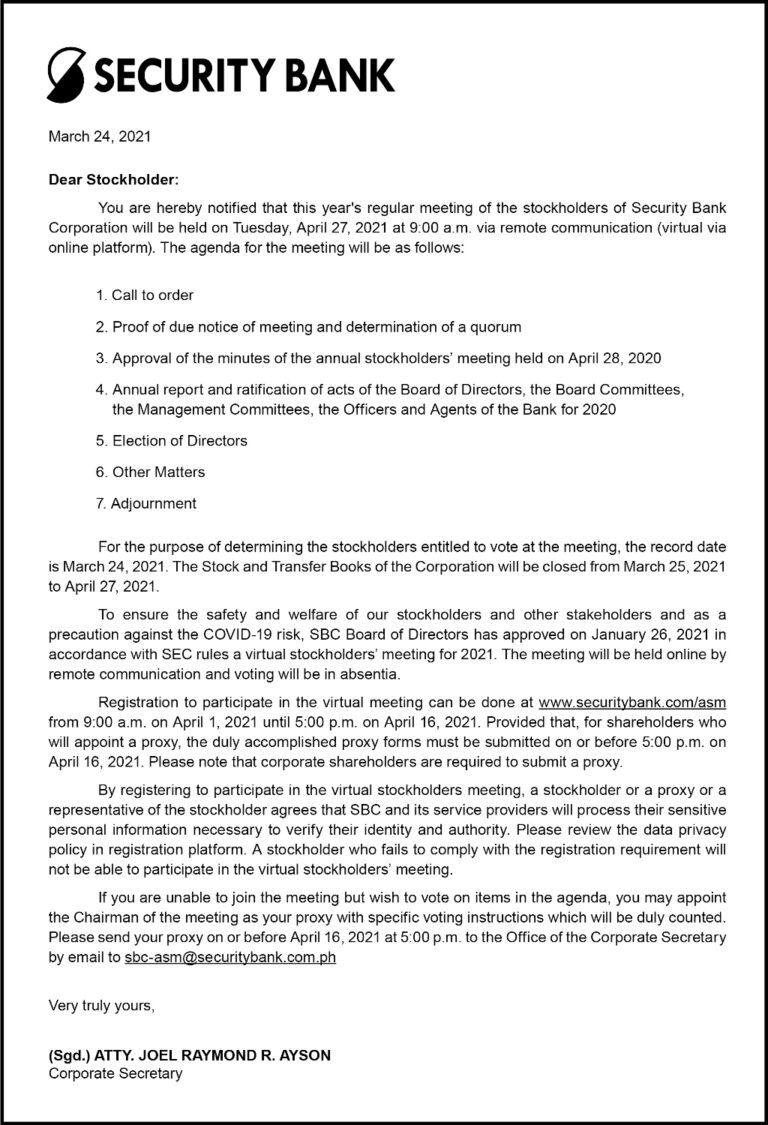 Security Bank Corporation sets stockholders’ meeting via remote communication