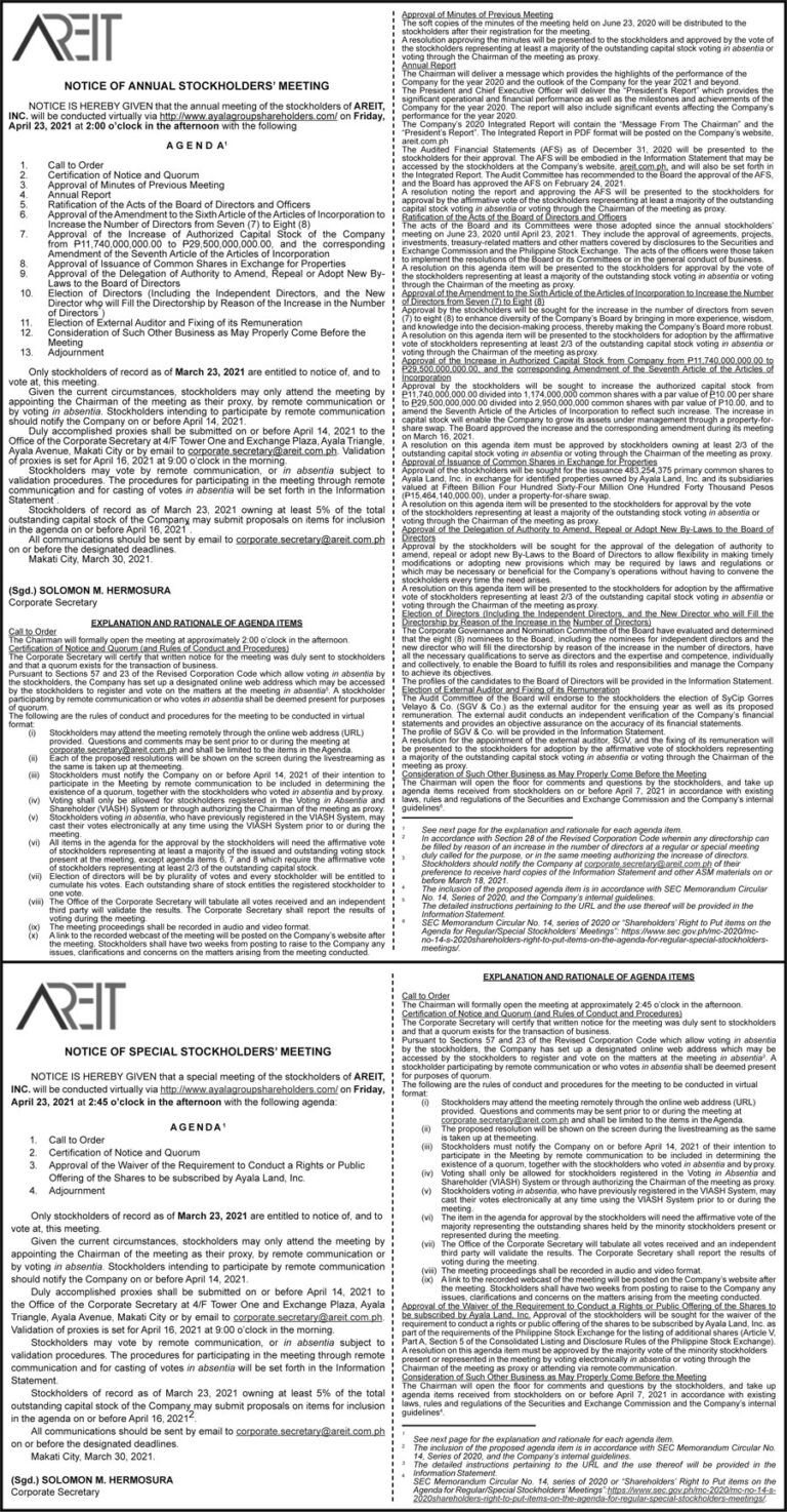 AREIT, Inc. announces schedule of virtual stockholders’ meeting