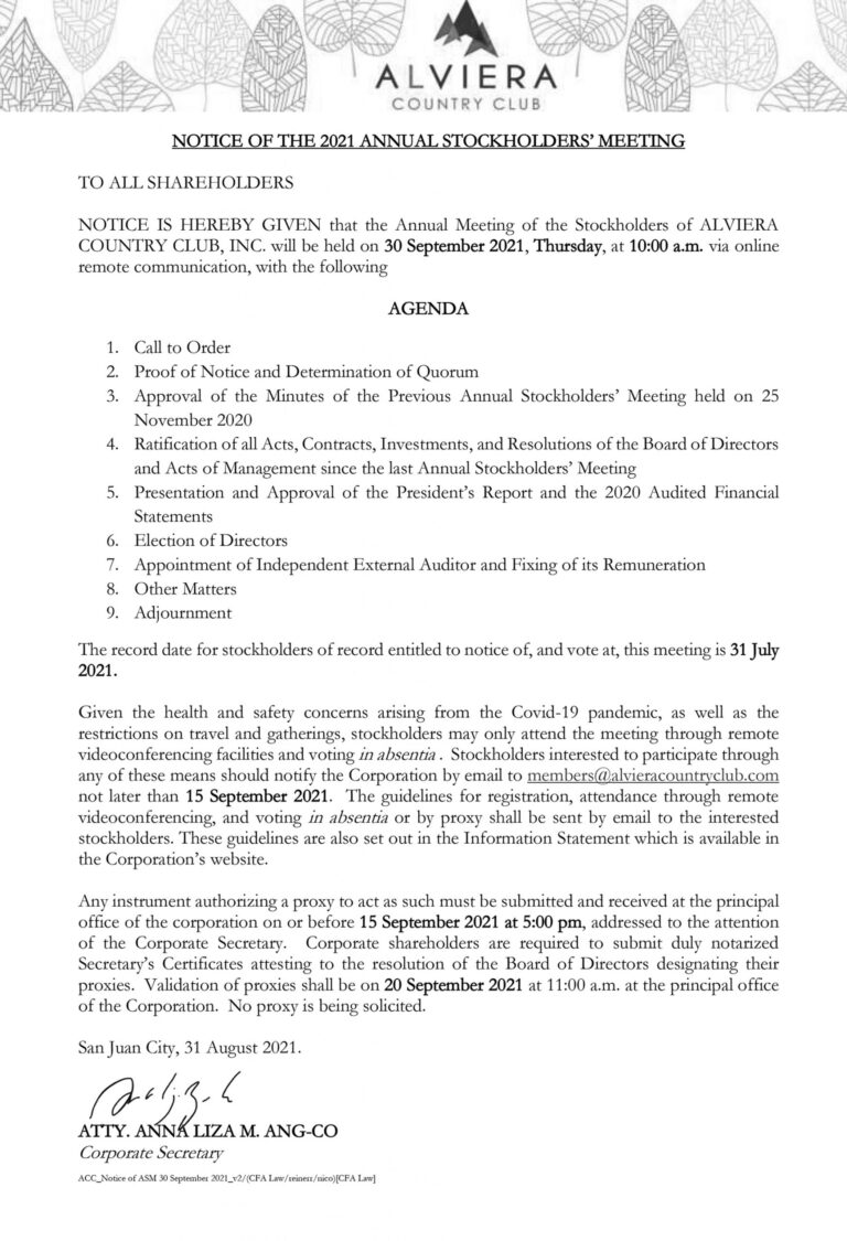 Alviera Country Club, Inc. sets schedule of annual stockholders’ meeting on September 30